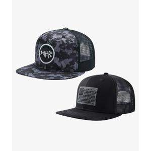 BASSDASH 2 Pack Flat Brim Trucker Cap Adjustable Snapback Hat Mesh Back for Men Women Fishing Hunting