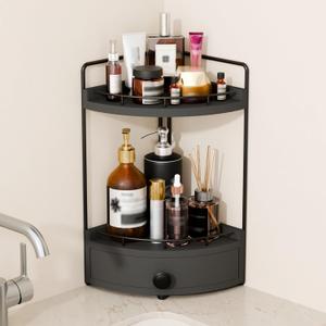 2-Tier Corner Bathroom Countertop Organizer with Drawer, Wooden Vanity Organizers for Makeup and Skincare Storage, Corner Counter Shelf with Embedded Screw Holes, Black