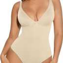 FeelinGirl Shapewear Bodysuits for Women Tummy Control Body Suits Deep V Neck Thong Body Shaper (X-Large, Beige)