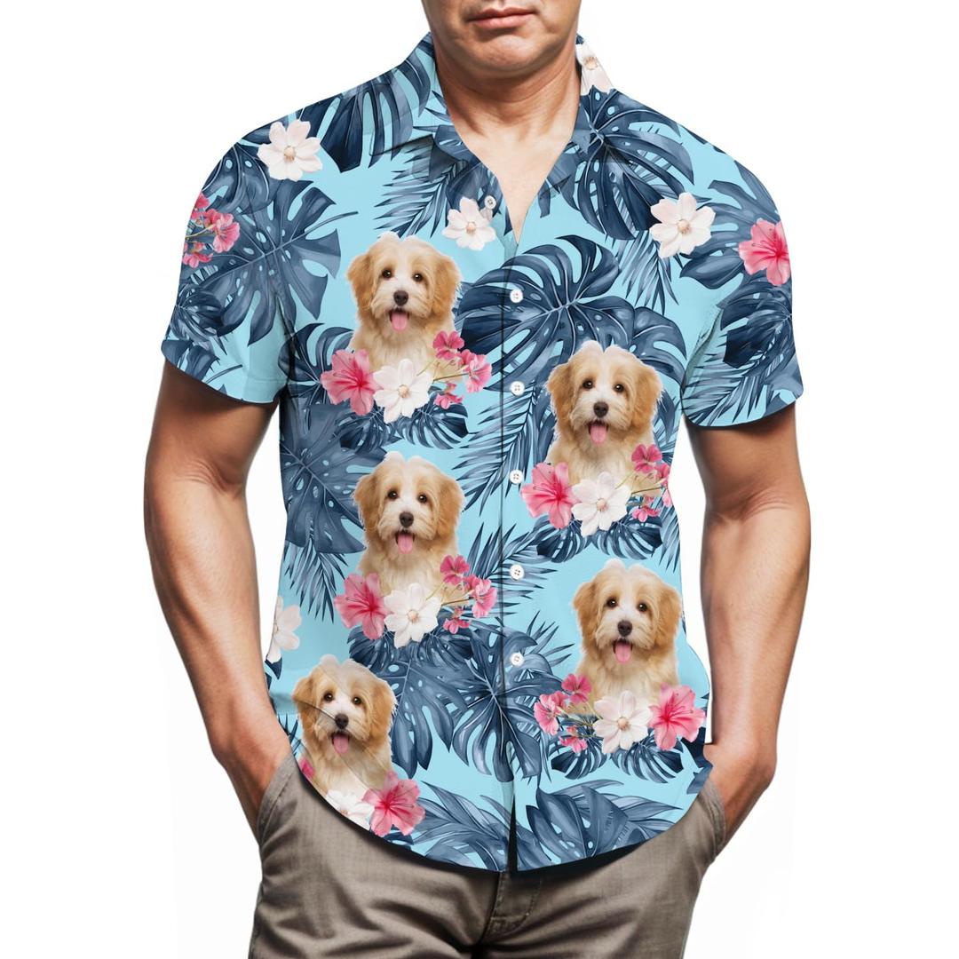 Lussues Nee Havanese Hawaiian Shirts for Men,Button Down Beach Casual Shirtss Blue (Blue)