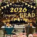 2 x Class of 2026 Graduation Decorations, Seutgjie Black and Gold 70.9 * 43.3 Inch Polyester Congrats Grad Backdrop for Kindergarten Elementary Middle High School and College Graduation