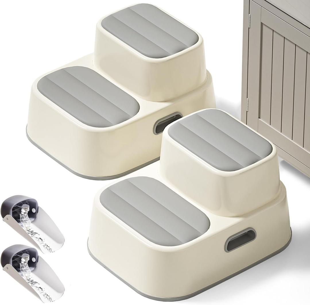 2 Pack Toddler Step Stool for Bathroom Sink, Upgrade Non-Silp Potty Stool for Kids with Enlarged Stepping Area, Kids Two Step Stool for Bathroom, Kitchen Helper, Potty Training Stools - Gray