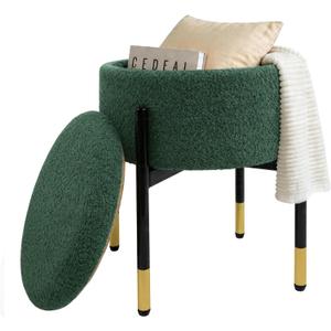 Round Ottoman with Storage,Soft Velvet Vanity Stool,Ottoman Coffee Table with Metal Legs,Foot Stool for Living Room Bedroom, Green