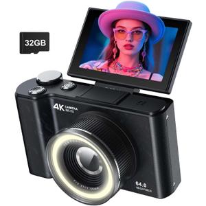 W & O Digital Camera for Teens,Kids Digital Camera with 32G SD Card,180 Flip Screen Camera for Photography Vlogging with Fill Light, Beauty Mode, Point and Shoot Digital Cameras for Beginner(Black)