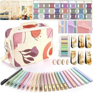 WEMATE 76 PCS Bible Study Supplies with Case, 15 No Bleed Highlighters and Pens, Washi Tape, Transparent Sticky Notes, Prayer Cards, Annotation Journaling Kit Christian Gift for Women