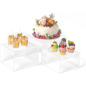 KOLIPI 3Pcs Buffet Risers, Food Risers for Buffet Table, Acrylic Boxes for Display Cube Riser Display Stand for Party Catering Dessert Collectibles, Clear Set (Size 8", 7", 6")