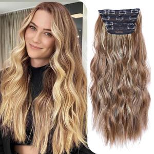 20 Inch Clip on Hair Extensions for Women 4PCS Long Wavy Reddish Brown Highlighted Beige Blonde Clip in Synthetic Hair Extensions for Wedding Use