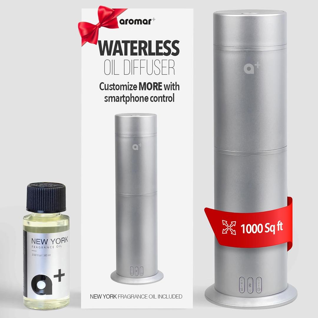 AROMAR Smart Waterless Oil Diffuser - Cold-Air Essential Scent Machine, App-Controlled, Covers 1000 Sq.Ft - Includes 'New York' Scent - Perfect for Home, Office, & Business use - Silver