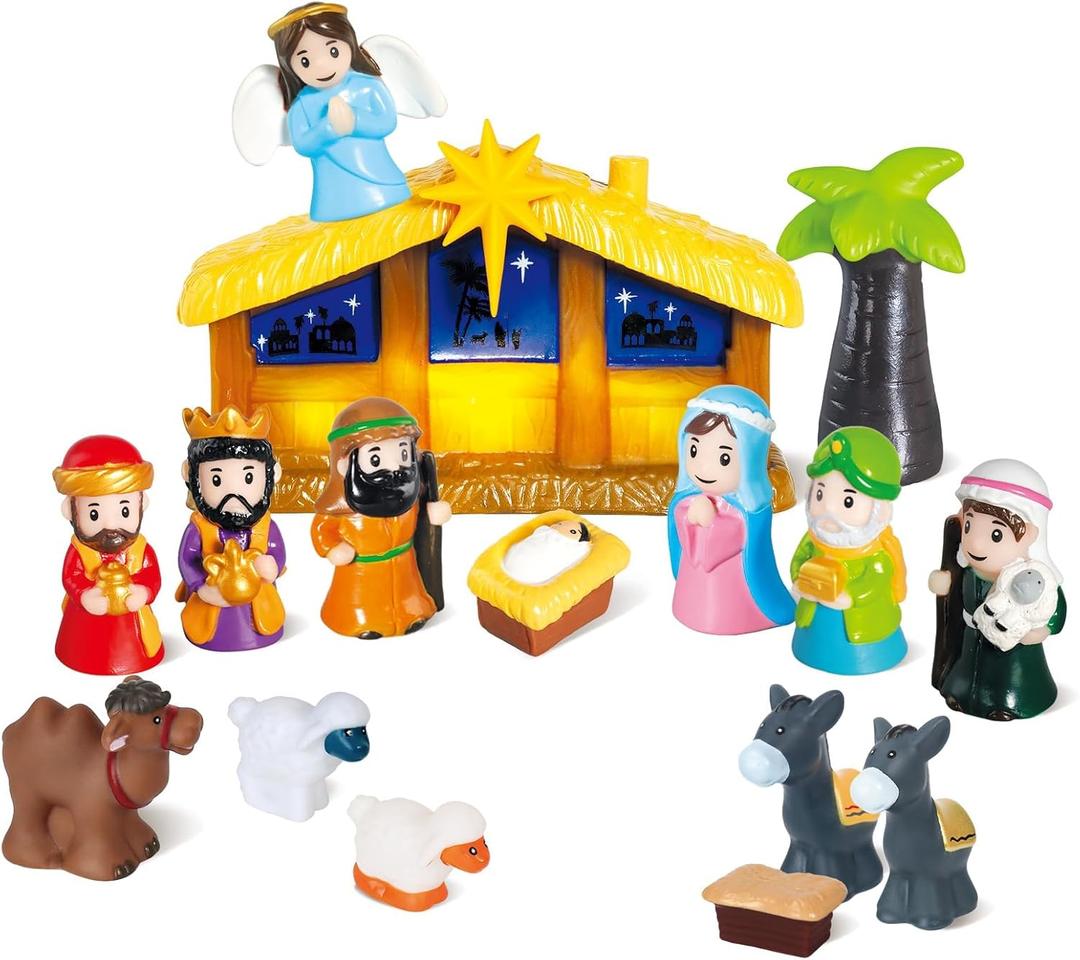 Lighted Nativity Set, 17 PCS Kids Little Nativity Playset, Children Toy Nativity Figures Include Manger Baby Jesus Three Kinds Small Animals for Toddler Children Kids, Xmas Decoration