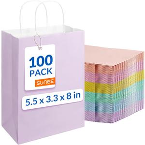 SUNEE Gift Bags with Handles 5.5x3.3x8, 100 Pcs Small Paper Gift Bags Bulk, 6 Pastel Color Kraft Paper Goodie Bags Bulk for Wedding, Birthday, Party Supplies, Christams and Celebrations (Macaron)