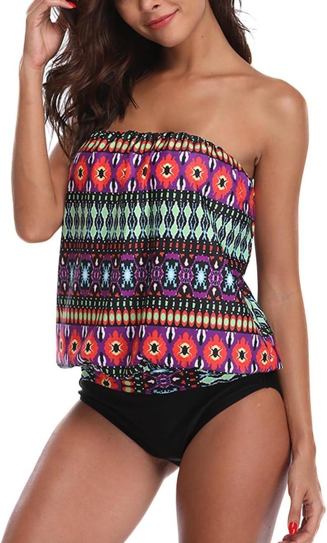 Two Piece Bandeau Tankini Swimsuits for Women Loose Blouson Swim Top with Bikini Bottom Tummy Control Bathing Suits, Small