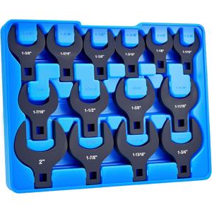 14 Piece Crows Foot Wrench Set, SAE Shockit Crows Foot for 1-1/16" to 2" Flare Nuts for 1/2" Drive Rachets & Extenders, Blackened Cr-V Steel Crowfoot Wrenches