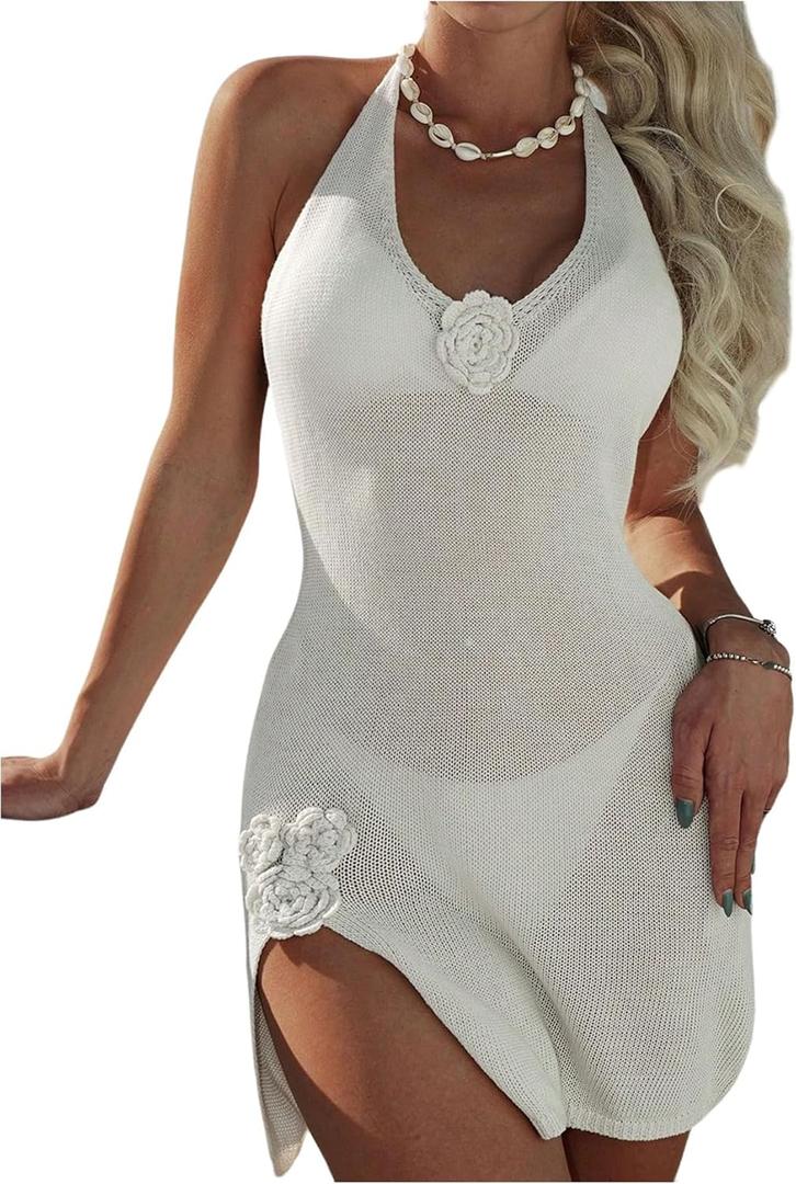 RoseSeek Women's 3D Floral Halter Knit Beach Dresses V Neck Sleeveless Bodycon Bathing Suit Cover Up (Large, Apricot)