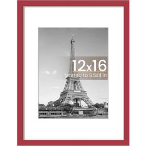 12x16 Picture Frame Made of Solid Wood, Display Covered by Plexiglass, Display Pictures 9x12/11x14 with Mat or 12x16 Without Mat for Wall Mounting, Navy Red