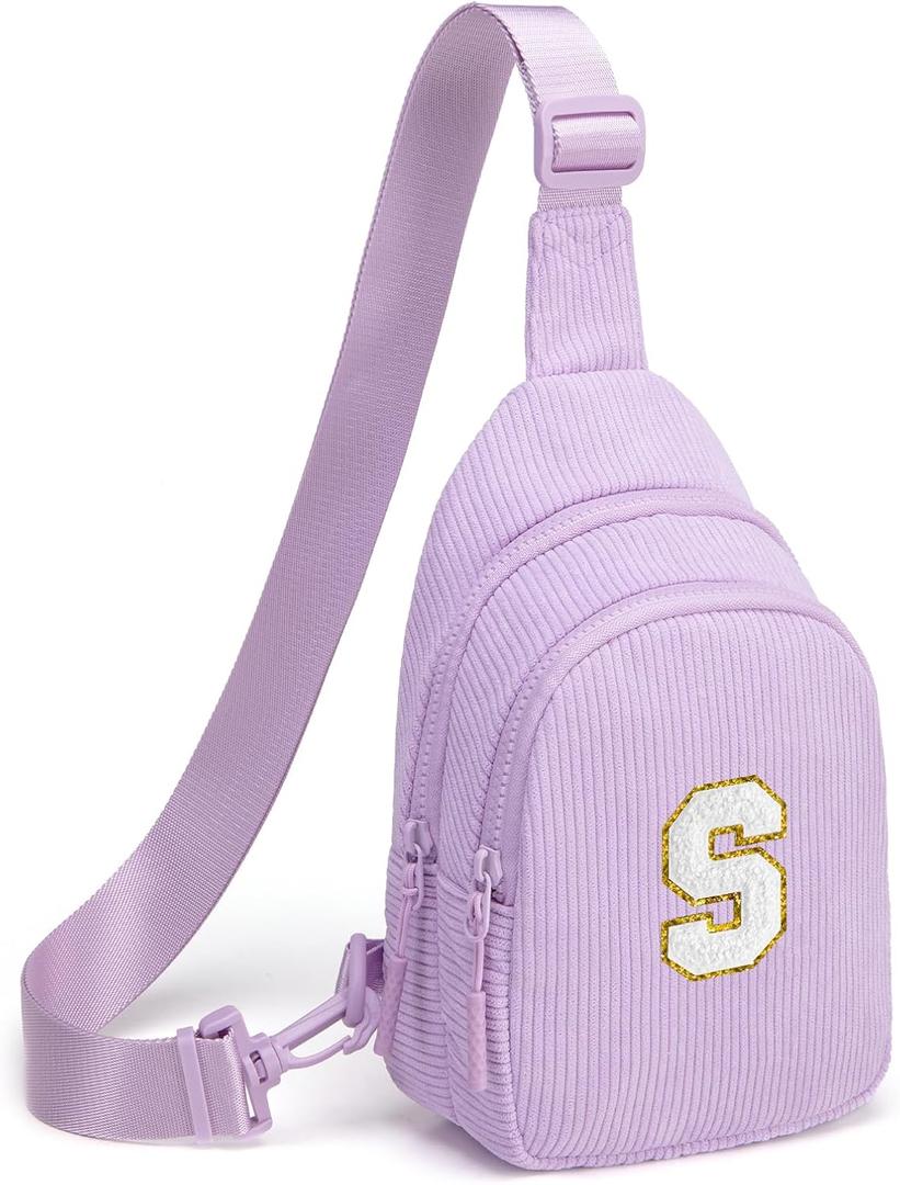 Small Corduroy Sling Bag Initial Crossbody Bag Fanny Pack for Girls Personalized Birthday Gifts for Teen Girls Gifts (Lavender)