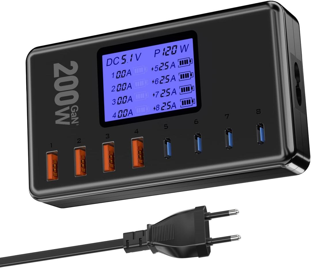 USB Charging Station, layajia 200W 8-Port Charging Station for Multiple Devices, USB-C PD Fast Charging Desktop Charger, USB Charger Hub Compatible with iPhone, Samsung and More-Black