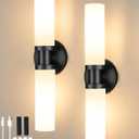 Wireless Battery Operated Wall Sconce Set of 2, Black Easy Install Dimmable Rechargeable Wall Lights with Remote Control, Timer Function for Living Room, Bedroom, Hallway, Stairwell, Entryway 3000K (Black & White Shade)