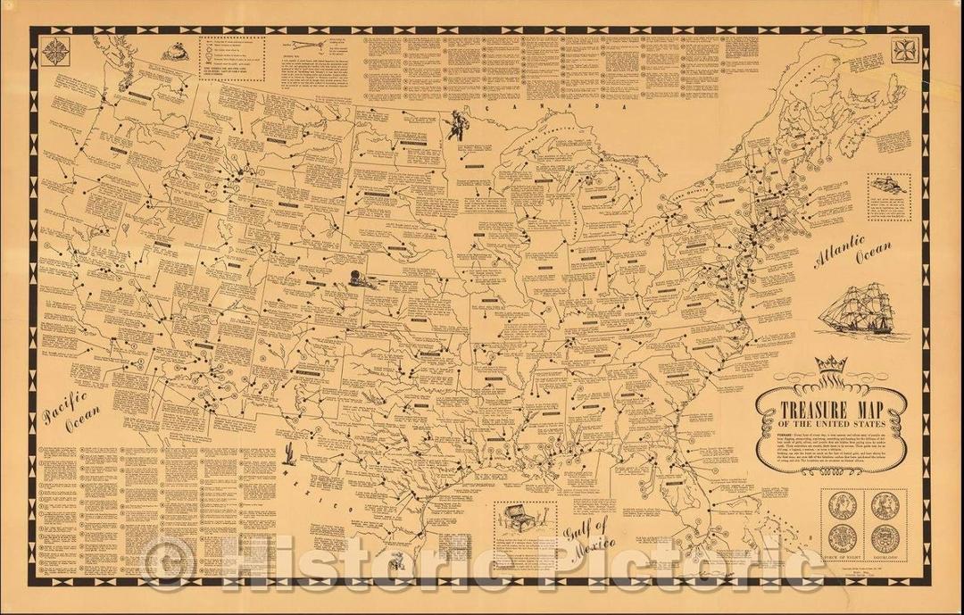 United States Treasure Map 1957 - Vintage Pictorial Historical Map Print - 24in x 16in