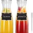 Glass Carafe with Lids, 40 oz, Set of 2-1 Liter Mimosa Bar Water Pitcher, Beverage Dispensers, Wide Mouth, Perfect for Juice, Cold Drink, Milk, Iced Tea, Lemonade - 2 Wooden Chalkboard Tags (Clear)