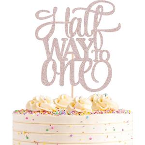 Half Way To One Cake Topper - Rose Gold Glitter 6 Months Birthday Decorations Supplies - Half Birthday Decorations Baby Girl, for Baby Shower/Gender Reveal Party/Baby Party Photo Booth Props