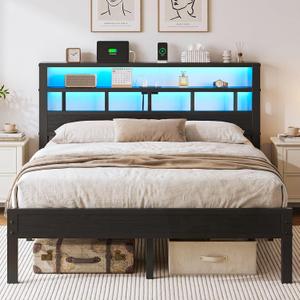Queen Size Bed Frame with Charging Station and LED
Metal Platform Bed with Headboard, 2-Tier Wooden Storage Shelves, No Box Spring Needed, Easy Assembly, Under-Bed Space,Black