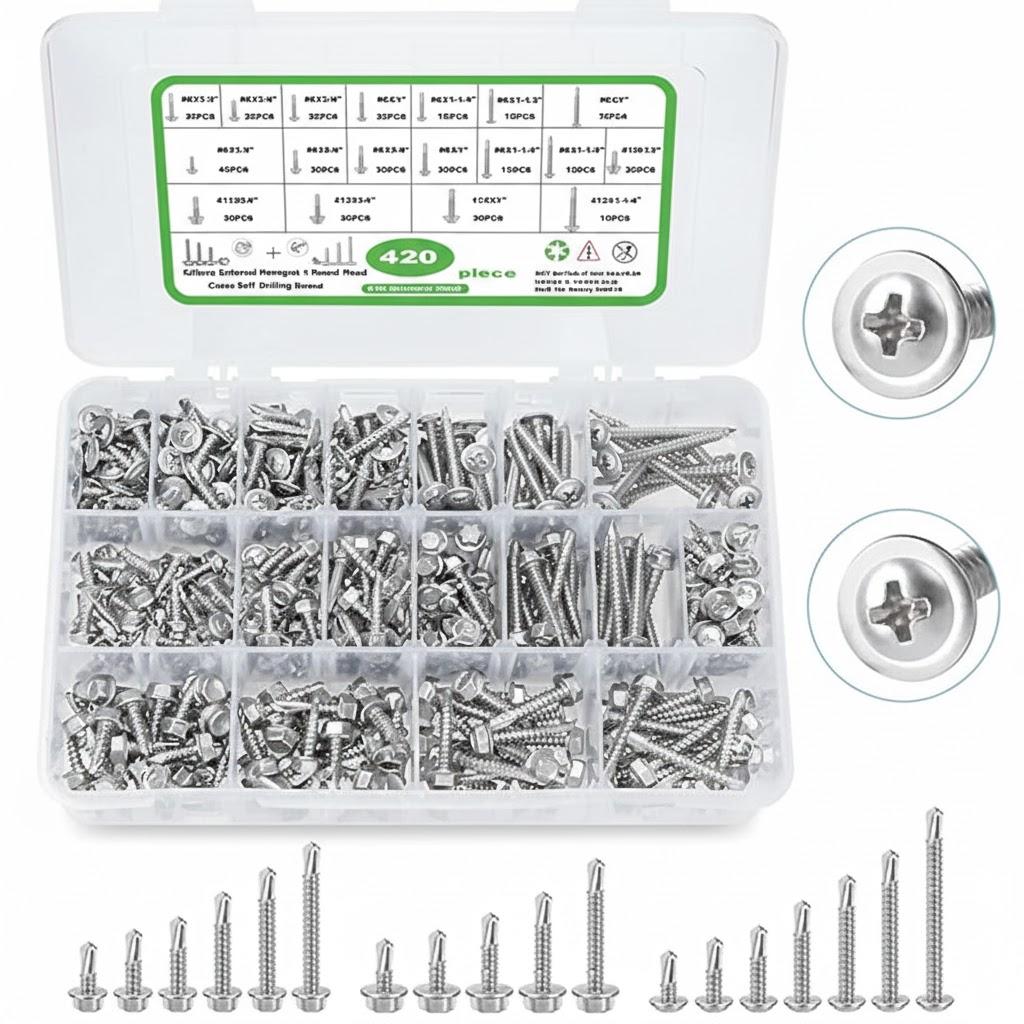 420pcs #8#10 Sheet Metal Screws Assortment Kit, 410 Stainless Steel Self Tapping Screws for Metal, Self Drilling Screws, 6 Sizes (1/2", 5/8", 3/4", 1", 1-1/4", 1-1/2")Modified Truss & Hex Washer Head