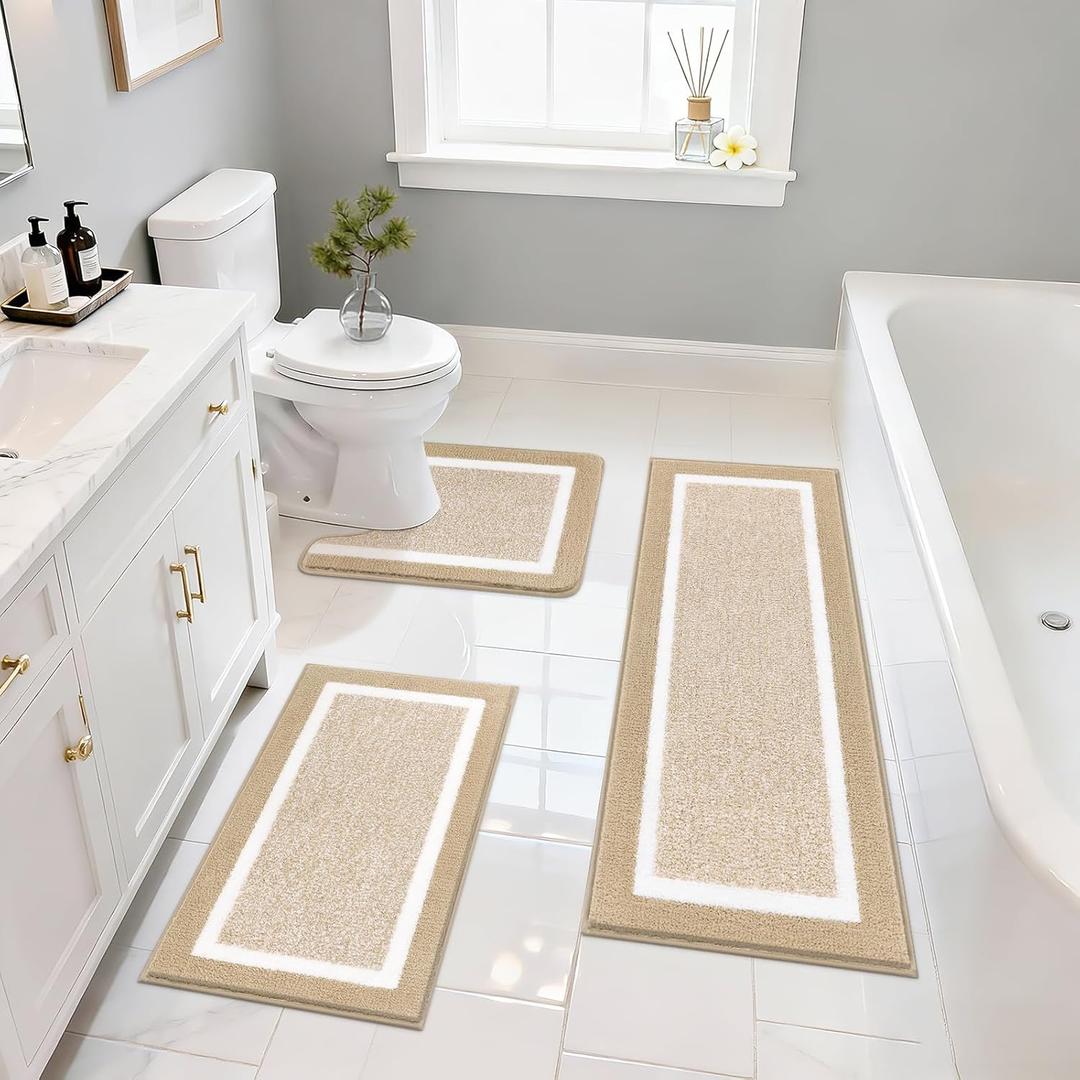 Pauwer 3 Pieces Bathroom Rugs Sets, Microfiber Shaggy Bath Mat Set, Ultra Soft Non-Slip Rug with U Shaped Toilet for Bathroom, Tub, Shower Washable Carpets Set,Beige