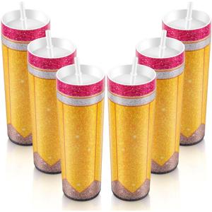 Denylo pro 6 Pcs Teacher Appreciation Gift Reusable Pencil Plastic Coffee Cup with Lid Straw Bulk 20 OZ Glitter Pencil Plastic Tumbler with Straw for Thank You Teacher