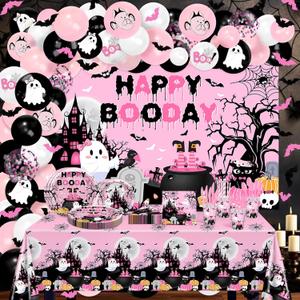 Booday Birthday Decorations 294 Pcs Pink Halloween Birthday Party Decorations Boo Balloons Happy Booday Backdrop Tableware for 24 People Bats Wall Decor