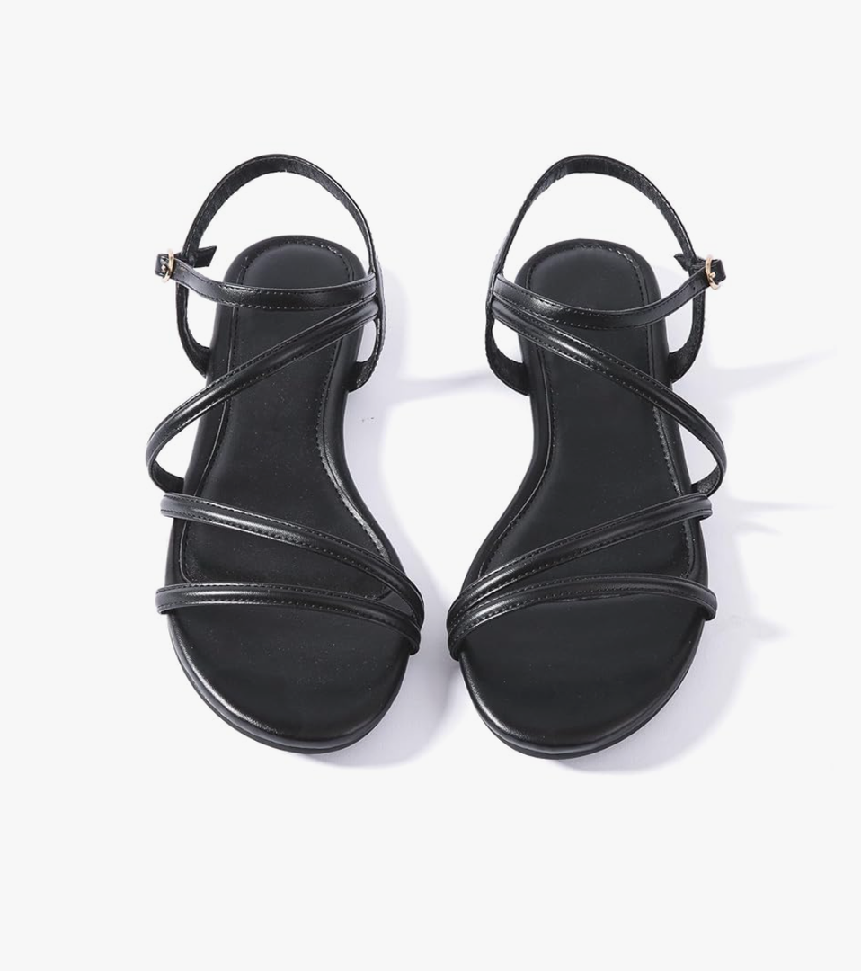 Mtzyoa Women Flat Sandals Dressy Strappy Gladiator Summer Ankle Strap Nude Open Toe Comfortable Wedding Casual Leather Ladies Party Trendy Vacation, Black, 37
