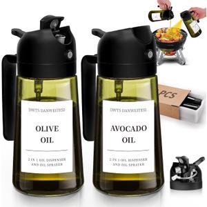 DWTS DANWEITESI Oil Sprayer for Cooking 2pcs,2 in 1 Oil Dispenser and Oil Sprayer Kitchen Gadgets,16oz Dark Green Glass Oil Spray Bottle(Light Blockage),Perfect Kitchen Accessories (Black&Olive)