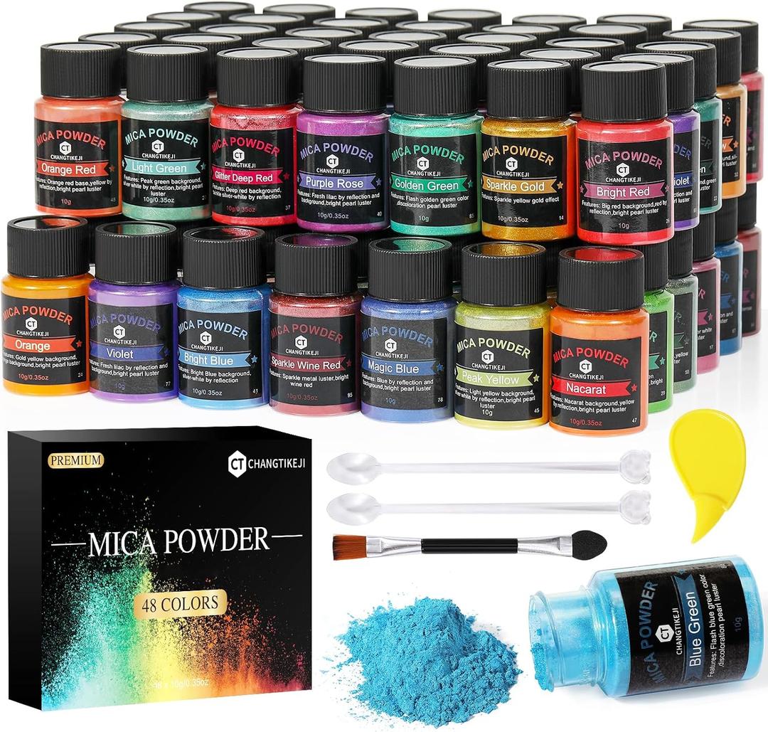CHANGTIKEJI Mica Powder48 Colors - 10g/Bottle of Natural Pigment Powder for Epoxy ResinSoap MakingCandle Making,Lip Gloss,Car Freshies,Dye,Nail Polish,Bath Bombs