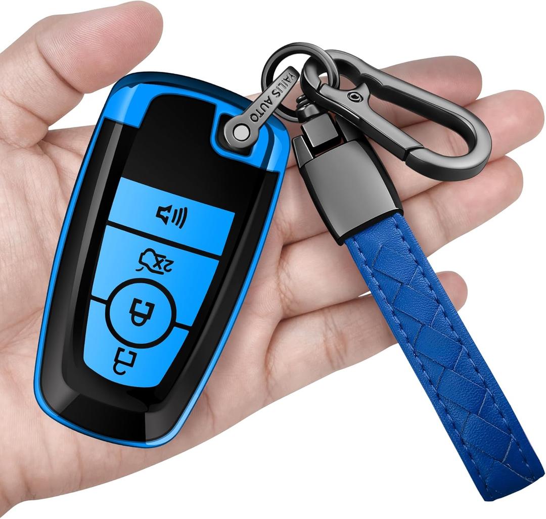 Sindeda for Ford Key Fob Cover with Keychain Soft Full Protection Key Shell Key Case Compatible with Mustang Fusion Raptor F150 Explorer Expedition Lincoln Aviator Corsair (Blue, 4 Buttons)