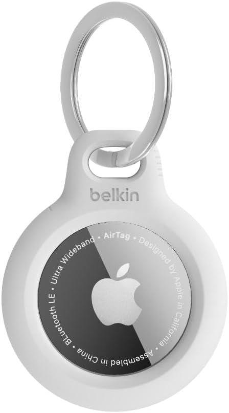 Belkin Apple AirTag Secure Holder with Key Ring - Durable Scratch Resistant Case With Open Face & Raised Edges - Protective AirTag Keychain Accessory For Keys, Pets, Luggage, Backpacks & More - White (Single)