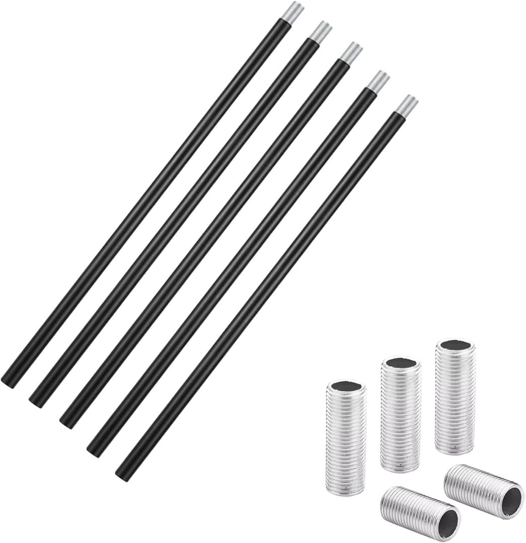 Matte Black M10 Threaded Extension Rods - 5PCS 12 Inches (with 5PCS Steel All Thread Lamp Pipe Nipples), For pendants Island Lights Chandeliers, Lighting Fixture Rod Stems