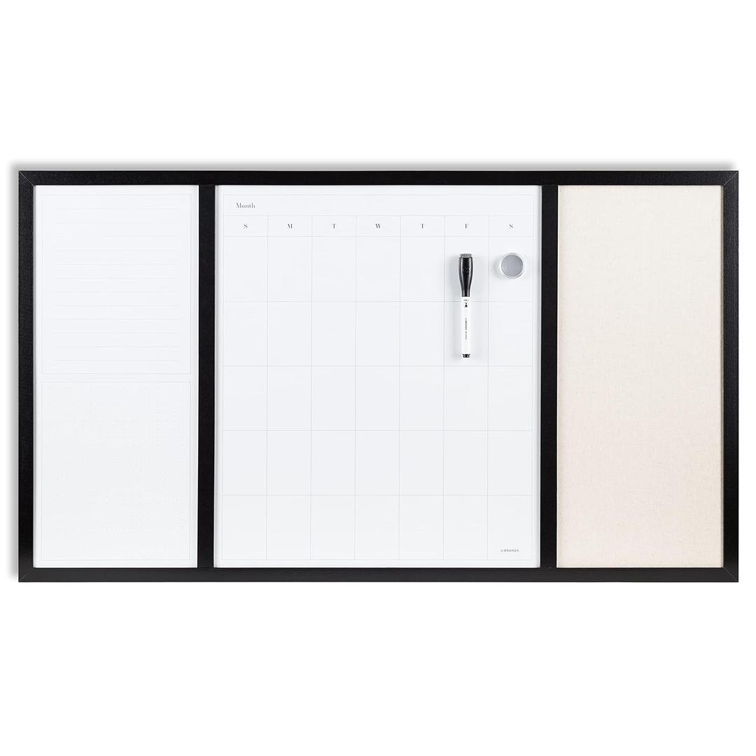 U Brands Black Frame Command Center White Board with List, 20" x 35" Inches, Office Supplies, Includes Calendar and Linen Section