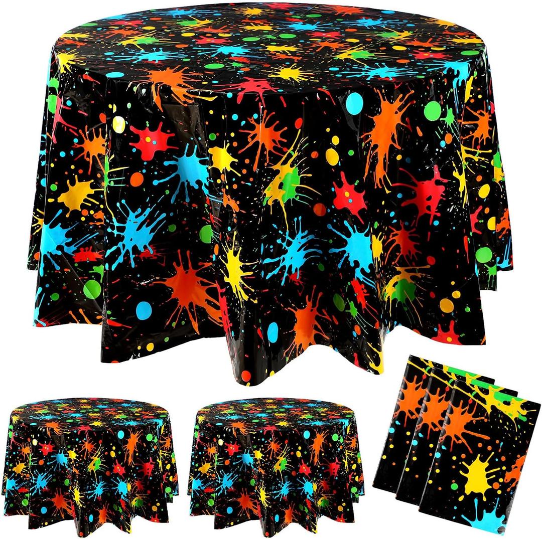 Tioncy 3 Pack Glow Party Table Covers Neon Round Tablecloths 84 84 Inch Disposable Plastic Paint Splatter Birthday Party Table Cloth for Glow in The Dark Black Light Supplies