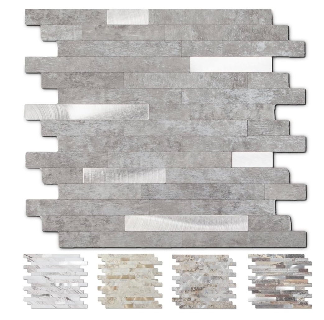 Yipscazo 10 Sheets Peel and Stick Stone Metal Tile Backsplash, Stick on Tiles for Backsplash Kitchen, Bathroom, Laundry Room, Camper, Fireplace (12'' X 12'', Polished Pure Black)