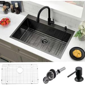 33x22 Black Drop In Kitchen Sink- 33 Inch Gunmetal Black Stainless Steel Top Mount Single Bowl 18 Gauge Deep Single Bowl Kitchen Sinks with Soap Dispenser& Bottom Grid