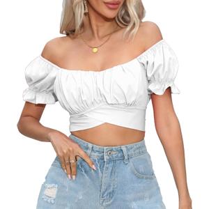 Women's Crop Tops Ruffle Short Sleeve Tie Back Summer Off Shoulder Top Blouse (Large, White)