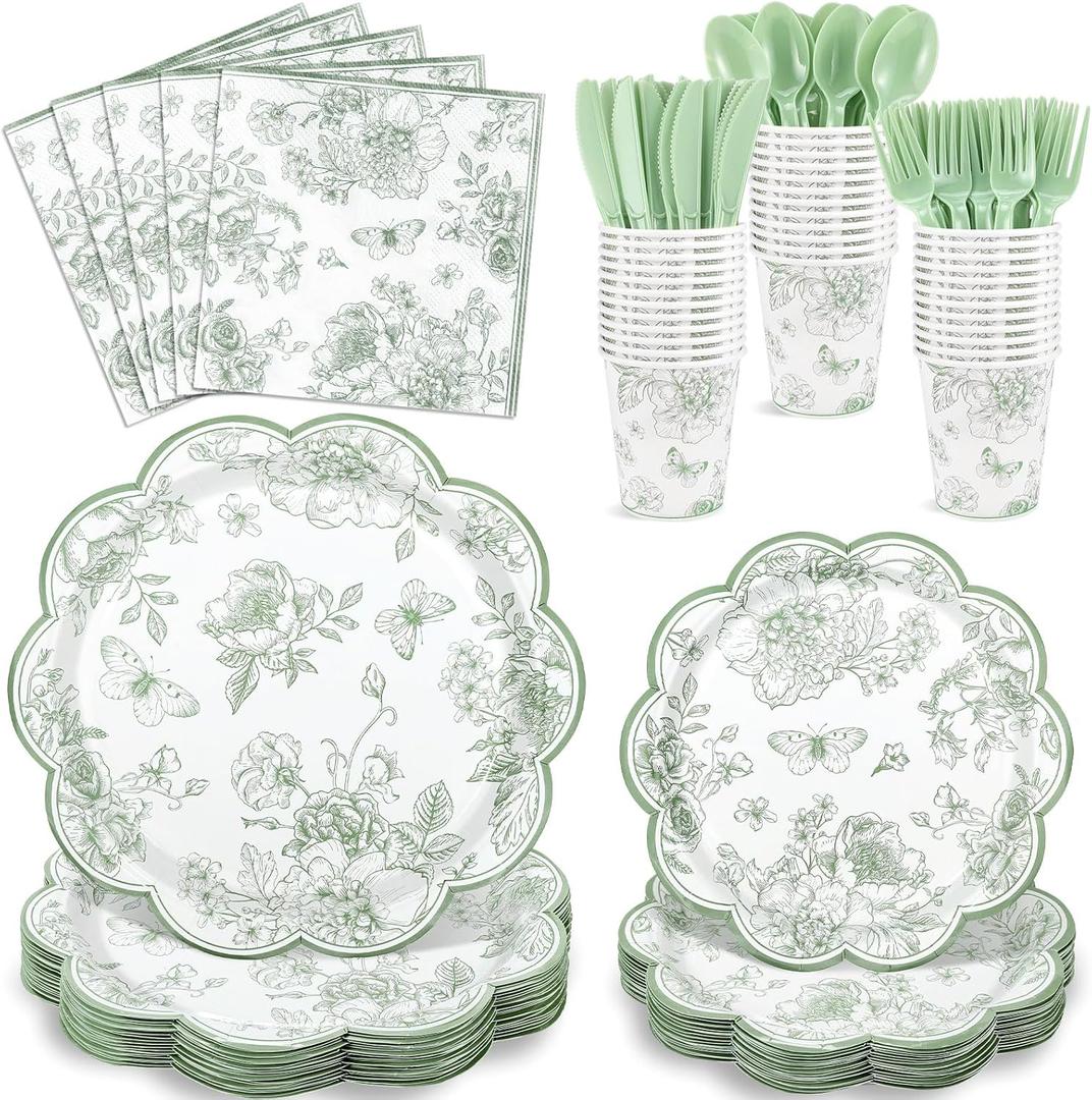 NatNarr 175 Pcs Sage Green Floral Plates and Napkins 25 Guest Scalloped Toile Chinoiserie Party Supplies Includes Floral Plates Napkins Cups Plastic Cutlery for Wedding, Bridal&Baby Shower, Tea Party