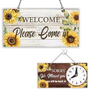 PLIGREAT Sunflowers Board Double Sided Open Closed Sign with Clock Welcome Please Come In Sorry We Missed You Signs for for Business Retail Store Window Wall Decor Hanging Door Signs with Chain