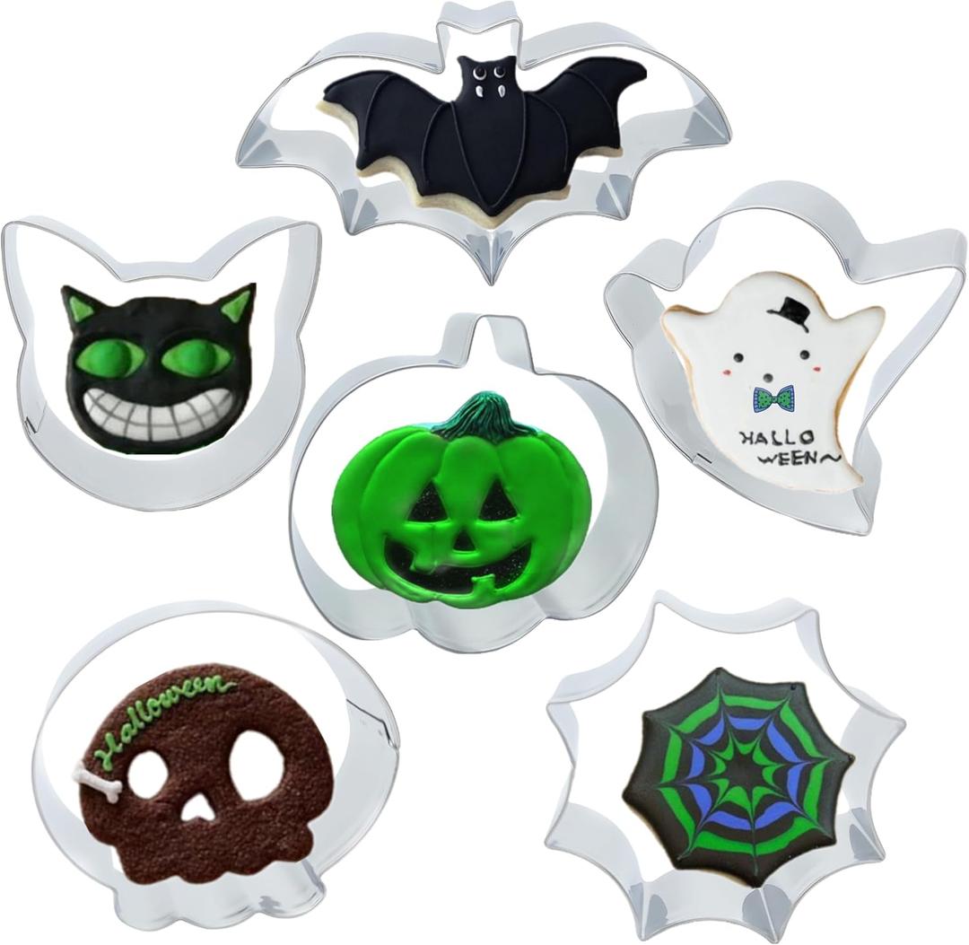 2 x Halloween Cookie Cutters, 6Pcs Cookie Cutters Holiday Shapes Molds Pumpkin, Ghost, Spider Web, Bat, Cat Head, Skull Cookie Cutters with Decorating Instructions (Silver)