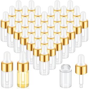 Didaey 200 Pcs Mini Glass Oil Dropper Bottle Bulk, Clear Essential Small Empty Bottles Sample Containers Perfume Liquid Vials with Cap for Traveling (3 ml,Gold)