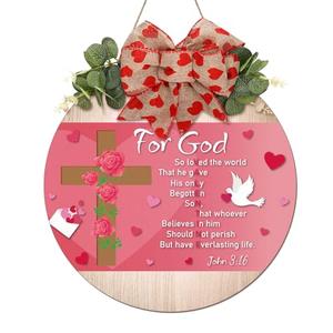 Lineshading Christian Valentine's Door Sign Religious for God Love John 3:16 Pink Valentines Day Decorations Rustic Bible Verse Wooden Bow Hanging Plaque Wreaths for Wall Yard Lawn Porch Decor