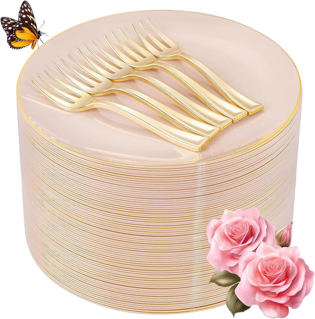 LIYH 200 Pcs Pink Gold Dessert Plates and Forks, Small Cake Plates 7.5 Inch, Party Plate and Forks 5 Inch for Bridal Shower, Birthday Tea Party (200Pcs(100 Guests))