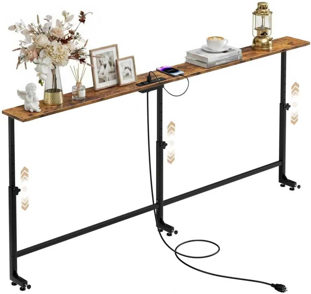 Faesun 70.9 Inch Behind Couch Table, 24"-32" Adjustable Height Range, Behind The Couch Table with Outlet, Adjustable Console Table, Narrow Long Sofa Table, for Living Room, Rustic Brown, 70.9"W x 5.9"D