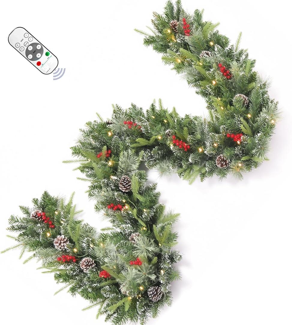 9FT Prelit Christmas Garland Decorations Snow with Dual Color LED Lights and Timer by Remote Control and Batteries Operated, Home Mantle Stairs Railing Fireplace Outdoor Indoor Wall
