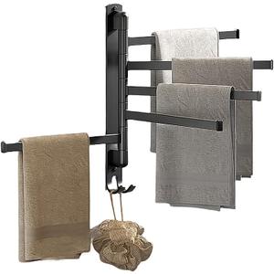 Towel Racks for Bathroom, Swivel Self-Adhesive Towel Rack Wall Mounted, 5 Bar Bathroom Towel Holder for Small Rolled Towels, Hand Towels, Black