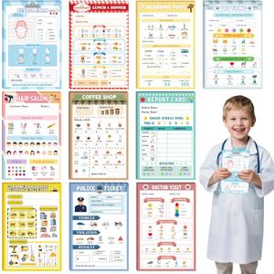 TICIAGA Kids Pretend Play Notepads - 10PCS 4 x 6 Inch Playtime Pad Included Restaurant Police Vet Doctor Visit Coffee Salon Notepad 30 Pages Pretend Notebook Imaginative Role for Toddler Kid Play Game